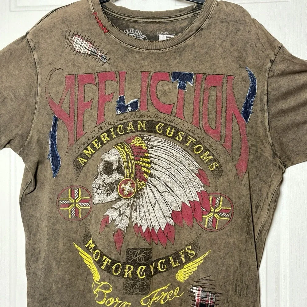 Affliction Skull Indian Motorcycle T Shirt Sz L Brown Black Grunge Look Distress